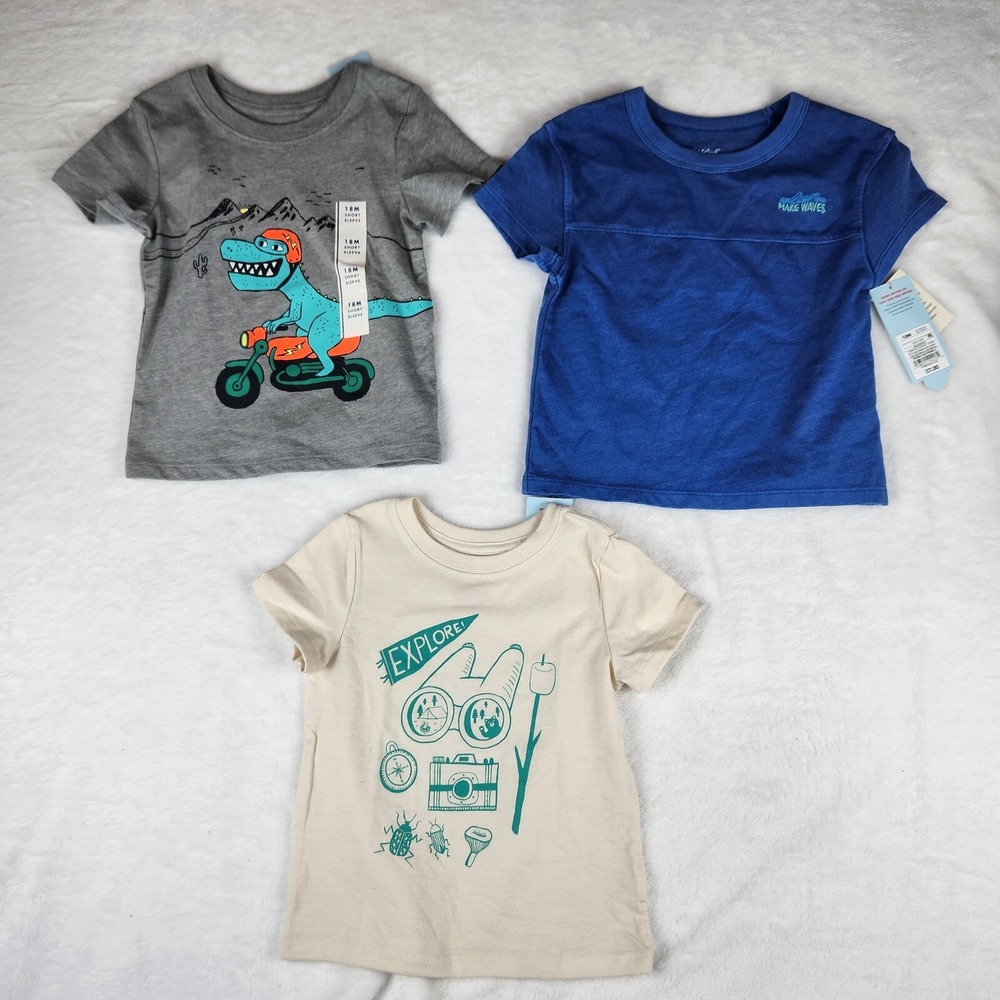 Cat & Jack Lot‎ of 3 Tee Shirt Toddler Boys Size 18M Multi Patterned Make Waves
